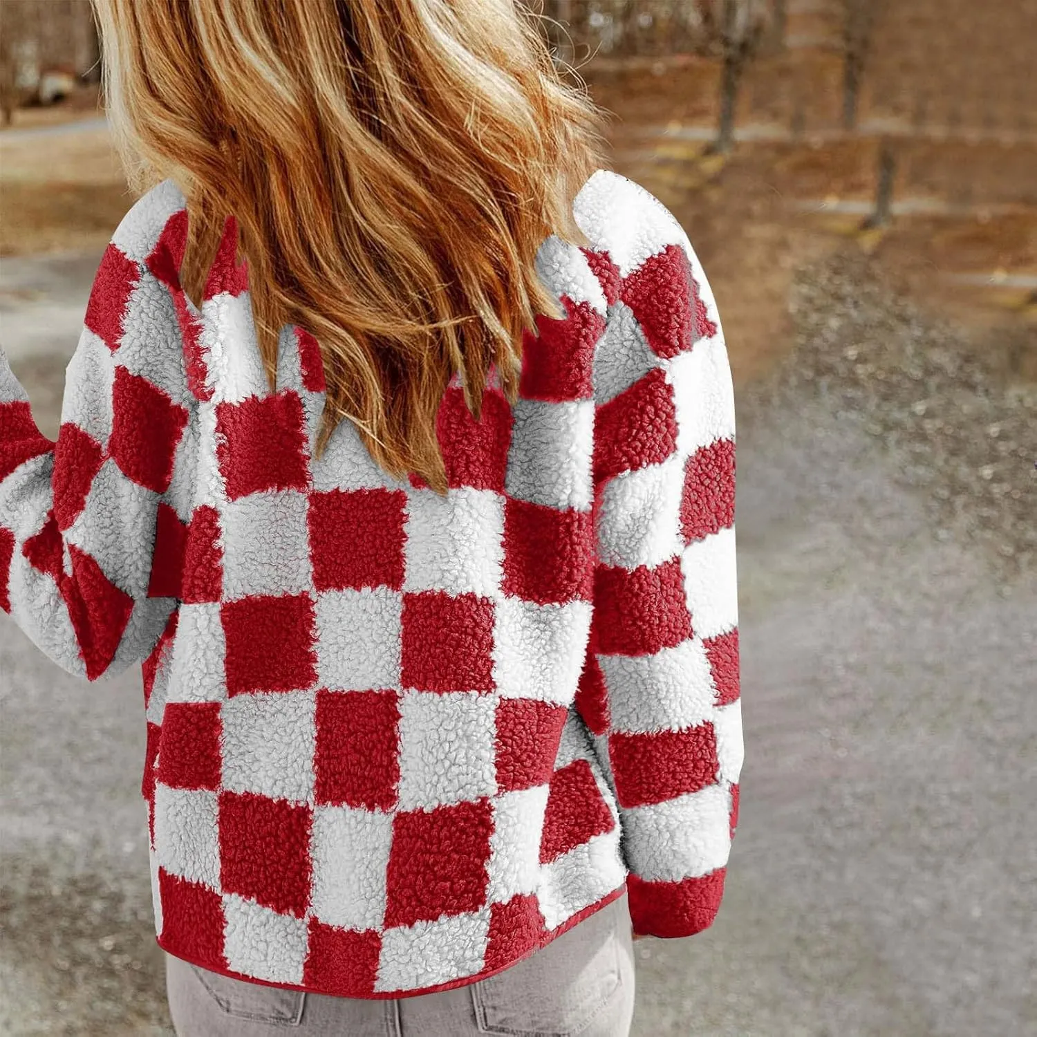 Womens Buffalo Plaid Checkered Fuzzy Fleece Jackets Plaid Sherpa Shacket Button Down Cardigans Fall Fashion Outerwear