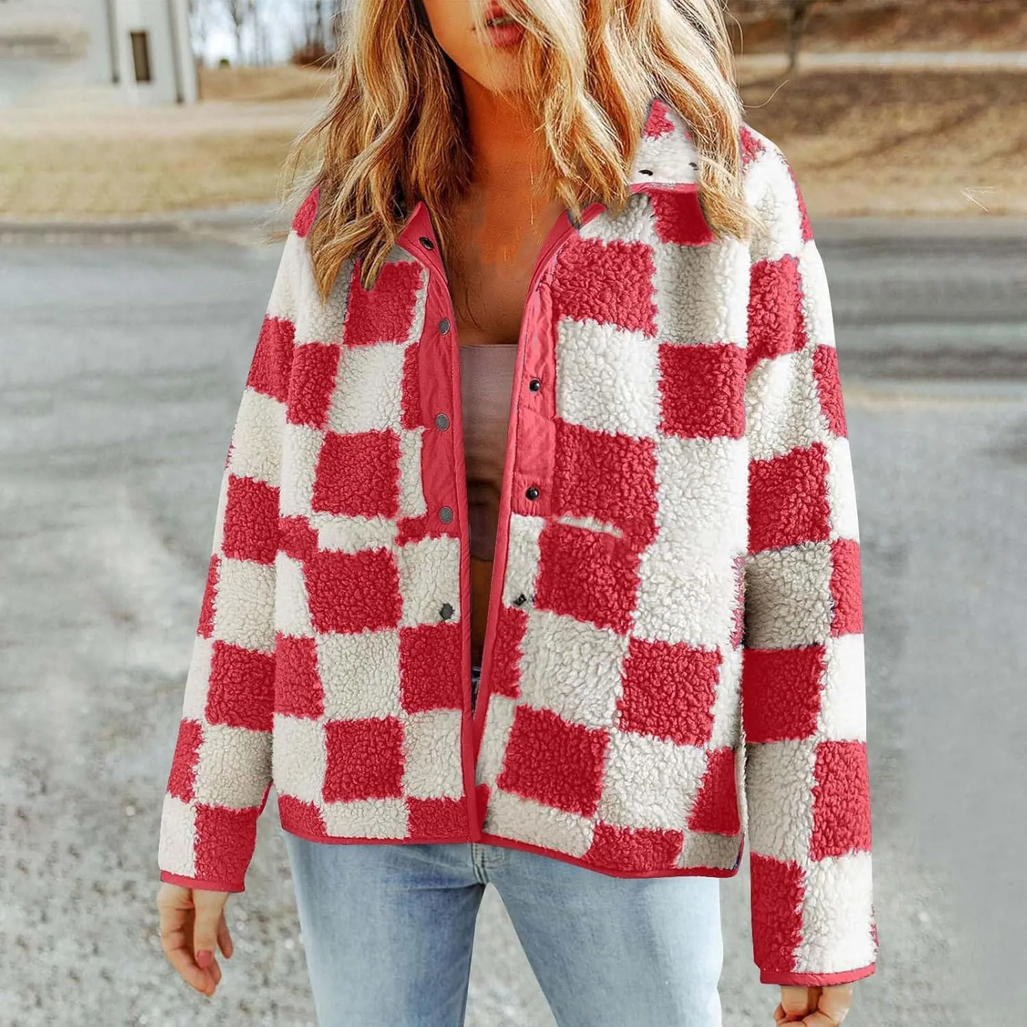 Womens Buffalo Plaid Checkered Fuzzy Fleece Jackets Plaid Sherpa Shacket Button Down Cardigans Fall Fashion Outerwear