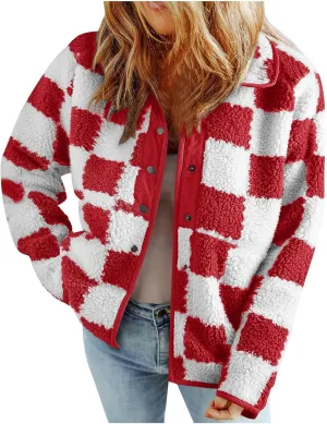 Womens Buffalo Plaid Checkered Fuzzy Fleece Jackets Plaid Sherpa Shacket Button Down Cardigans Fall Fashion Outerwear