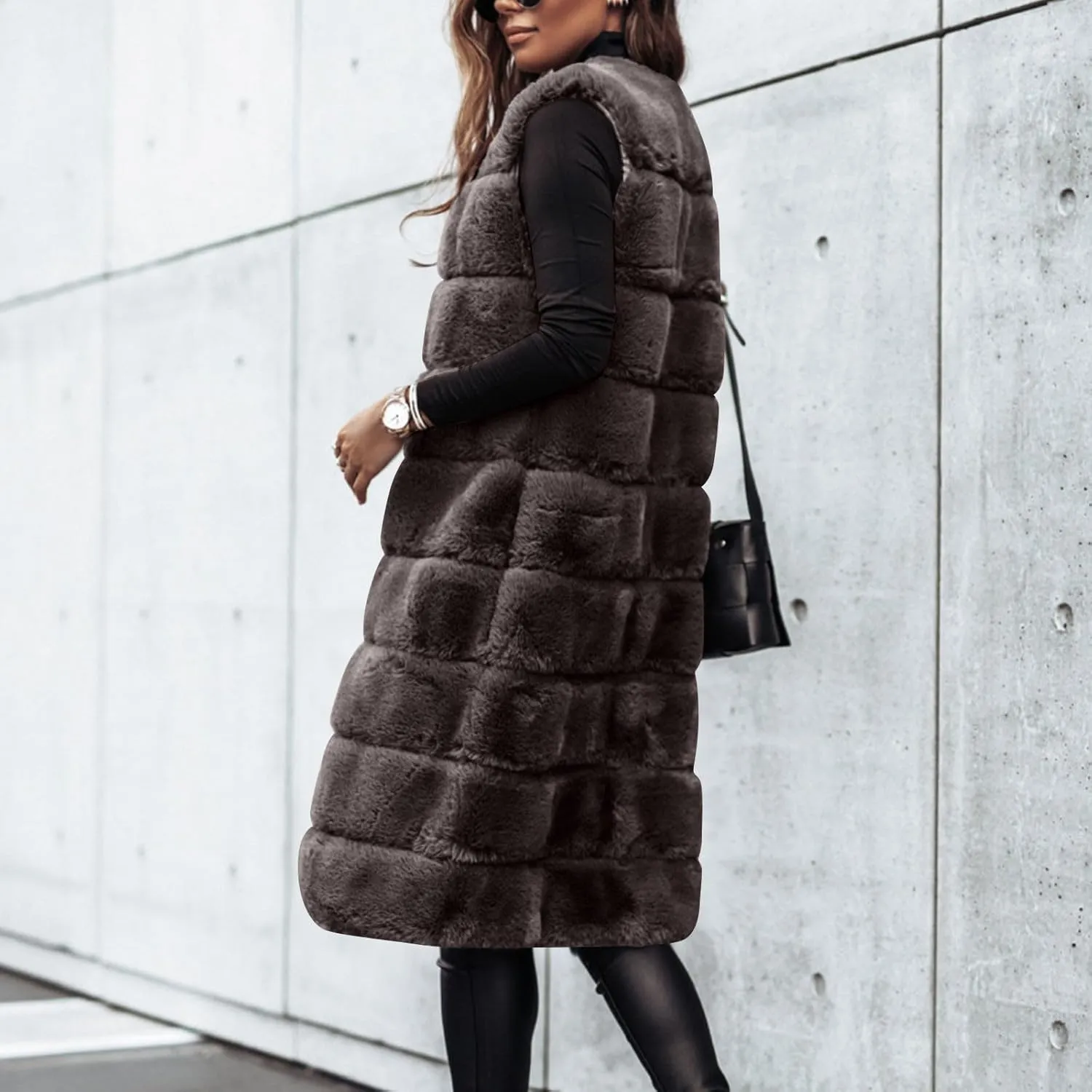 Womens Faux Fur Vest Sleeveless Long Fuzzy Fleece Jacket Crewneck Winter Warm Oversized Cardigan Coats