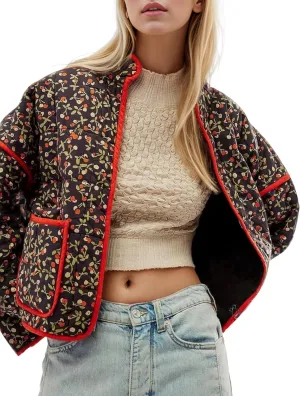 Women's Floral Quilted Jackets Cropped Reversible Open Front Lightweight Short Padded Puffer Coat