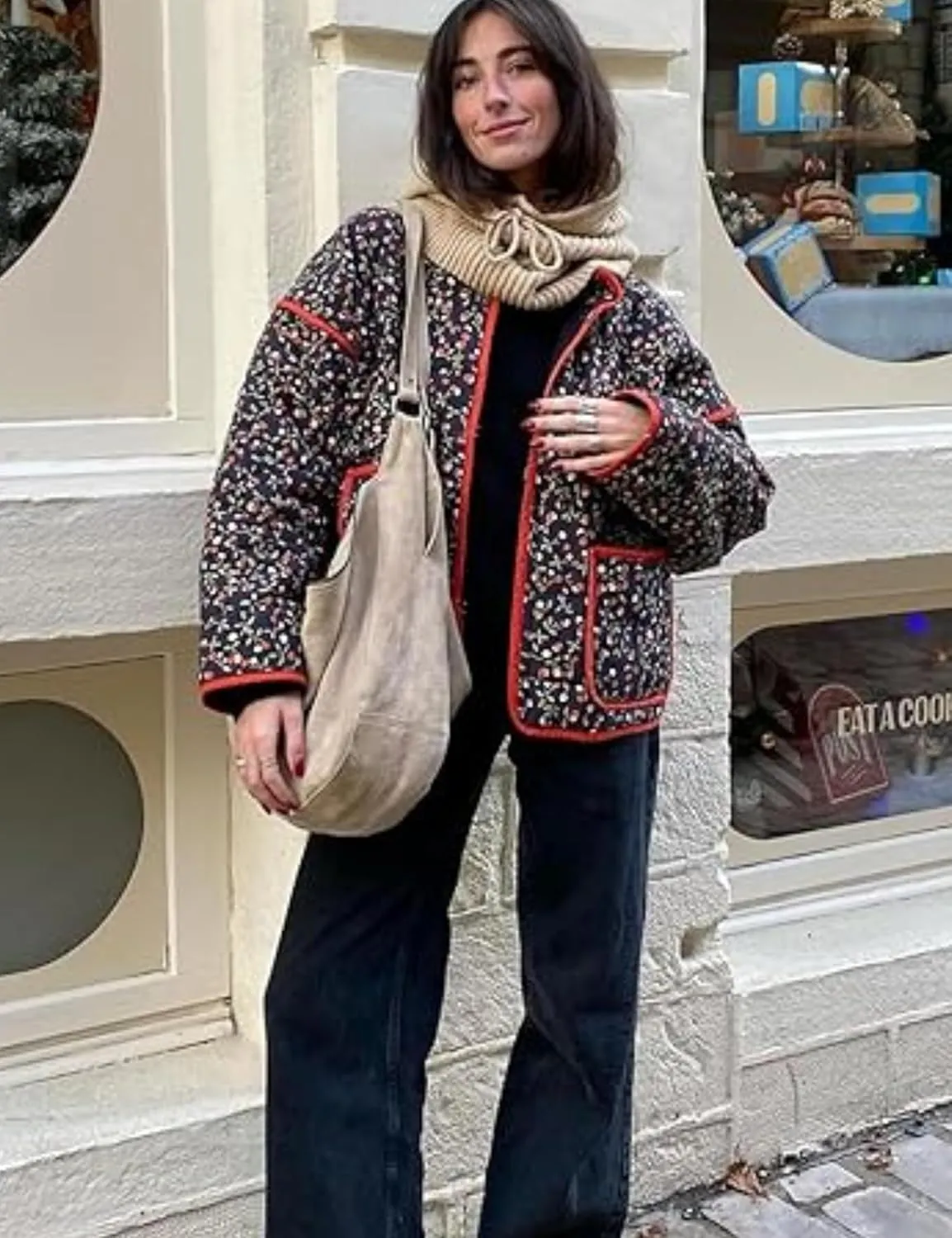 Women's Floral Quilted Jackets Cropped Reversible Open Front Lightweight Short Padded Puffer Coat
