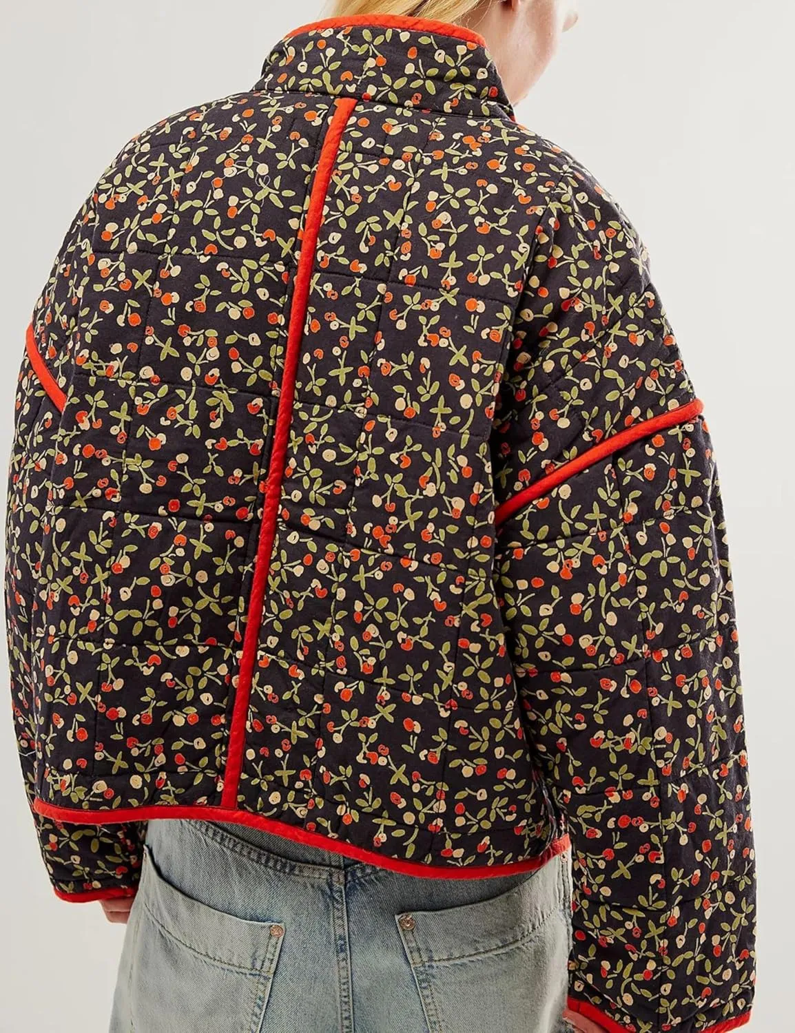 Women's Floral Quilted Jackets Cropped Reversible Open Front Lightweight Short Padded Puffer Coat