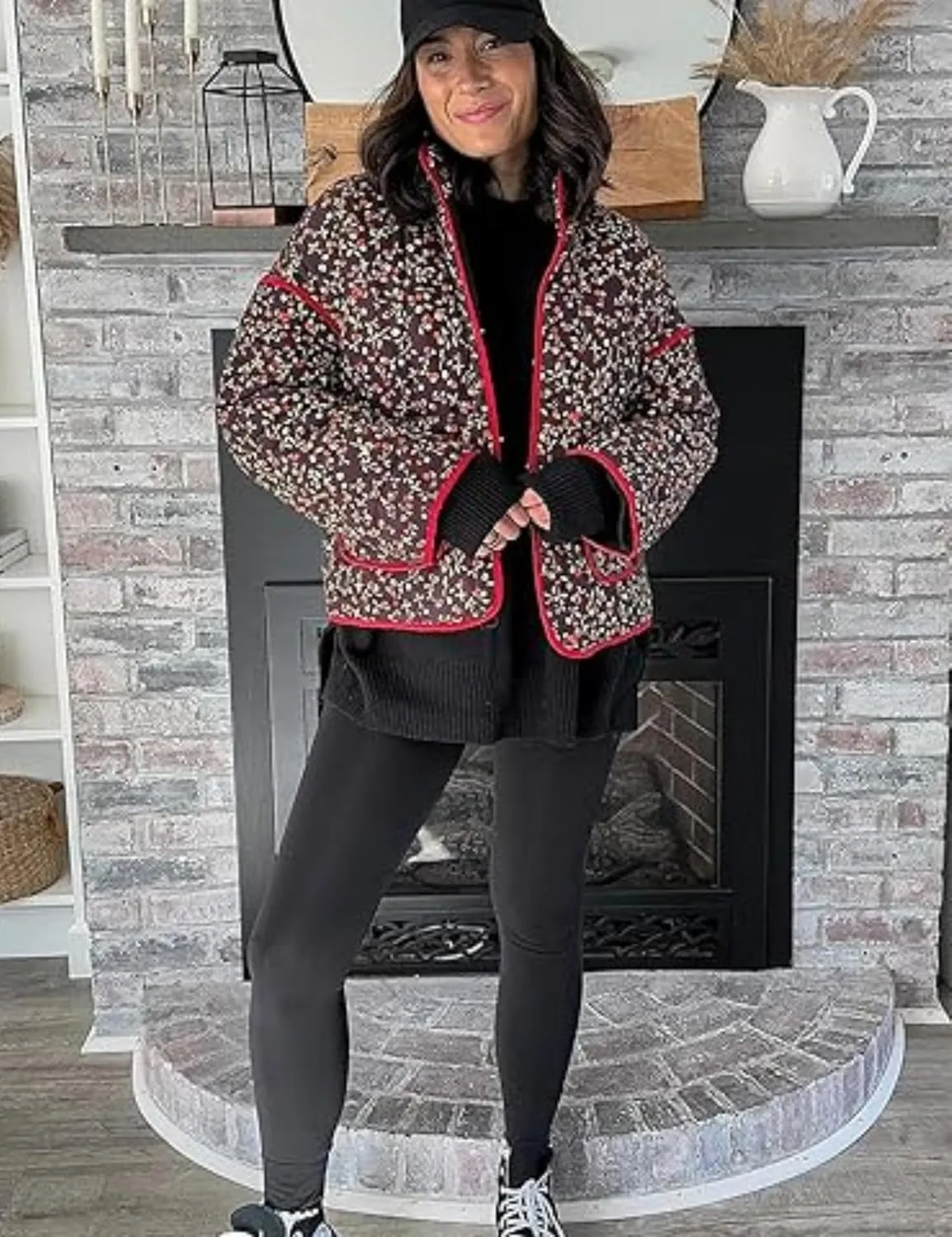 Women's Floral Quilted Jackets Cropped Reversible Open Front Lightweight Short Padded Puffer Coat