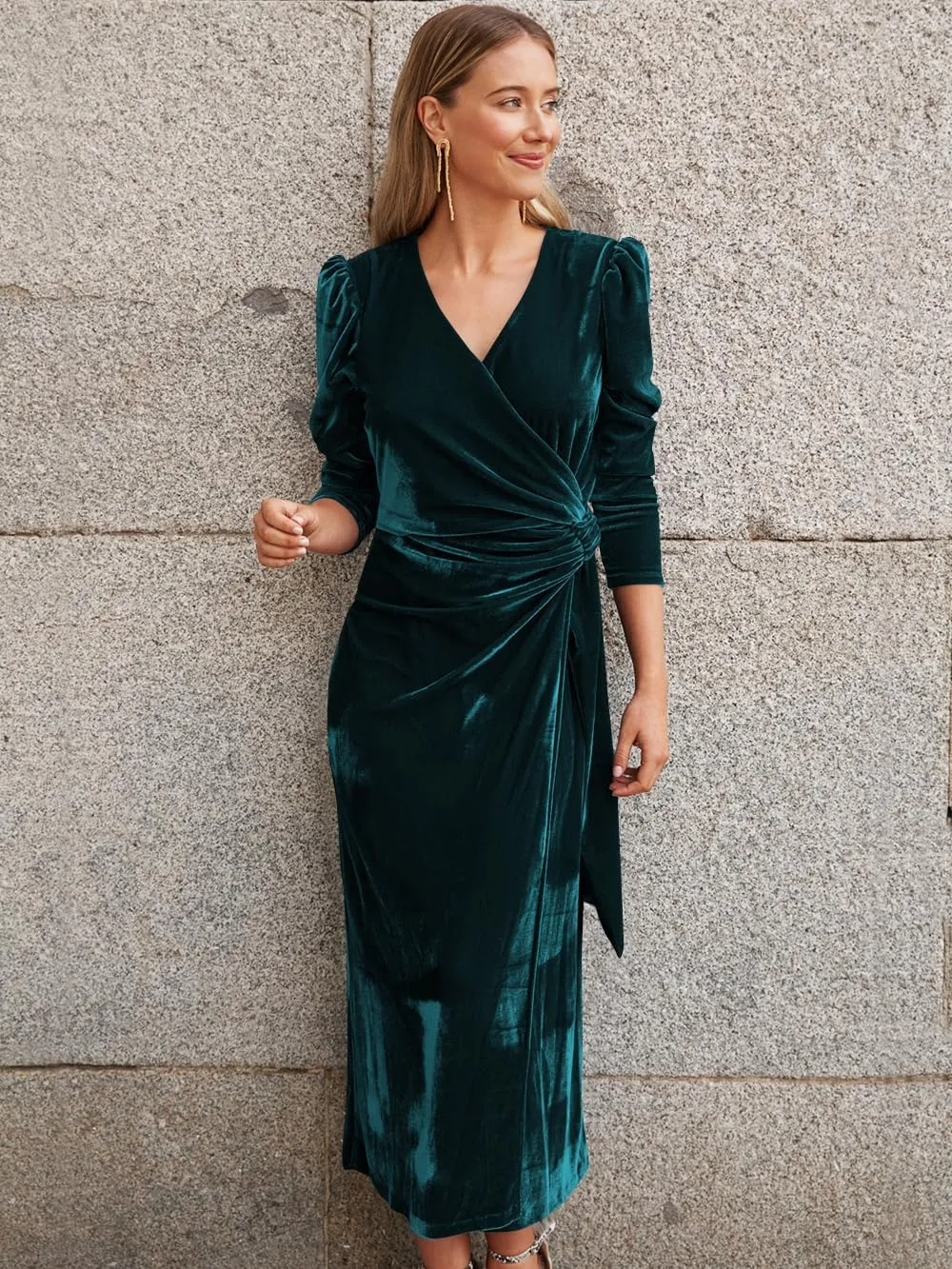 Womens Velvet Wrap V Neck Maxi Dress Long Sleeve Ruched Waist Fall Formal Cocktail Wedding Guest Dress