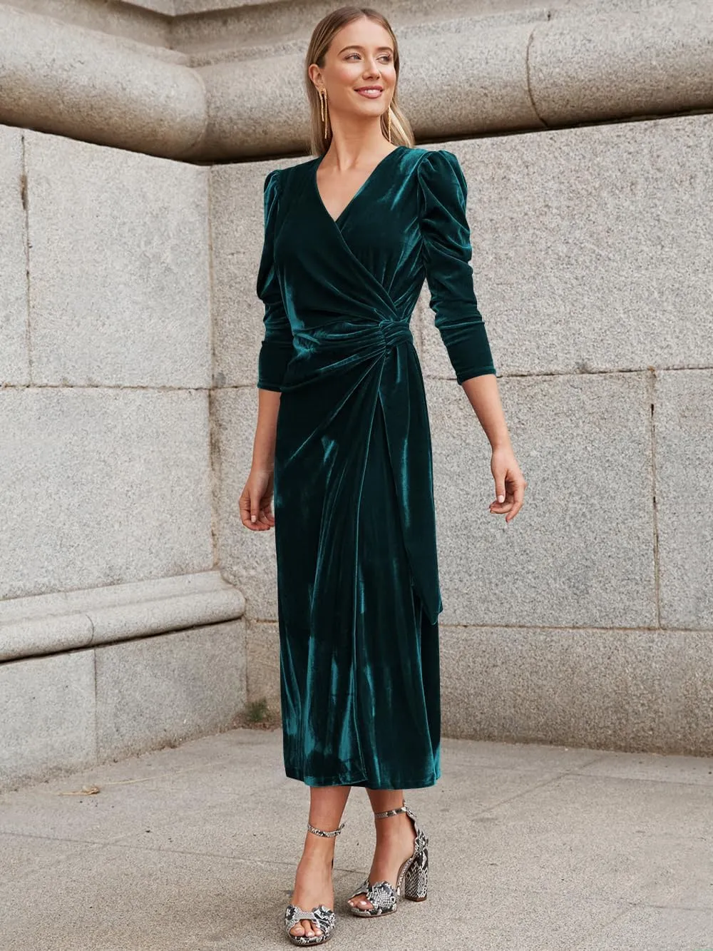 Womens Velvet Wrap V Neck Maxi Dress Long Sleeve Ruched Waist Fall Formal Cocktail Wedding Guest Dress