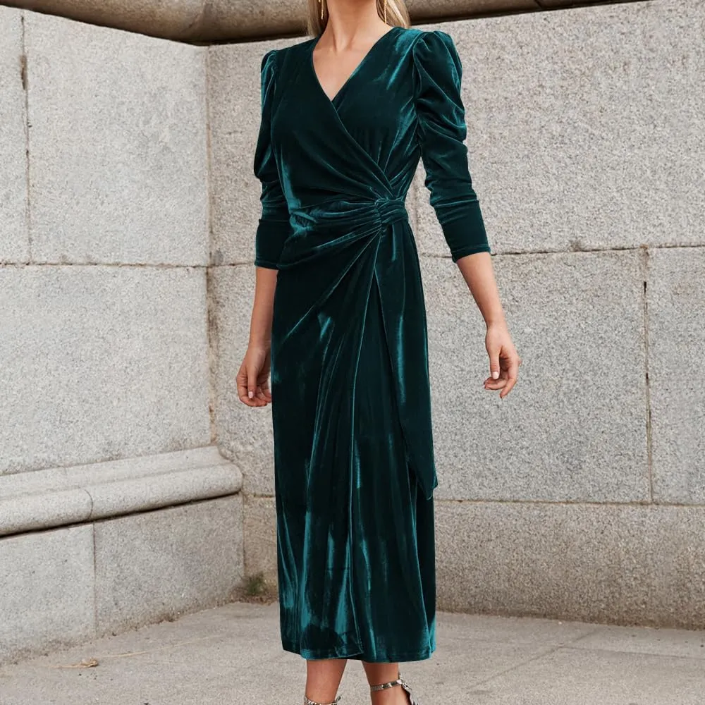 Womens Velvet Wrap V Neck Maxi Dress Long Sleeve Ruched Waist Fall Formal Cocktail Wedding Guest Dress
