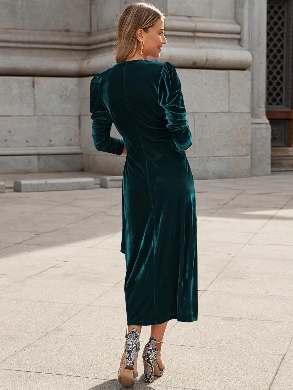 Womens Velvet Wrap V Neck Maxi Dress Long Sleeve Ruched Waist Fall Formal Cocktail Wedding Guest Dress