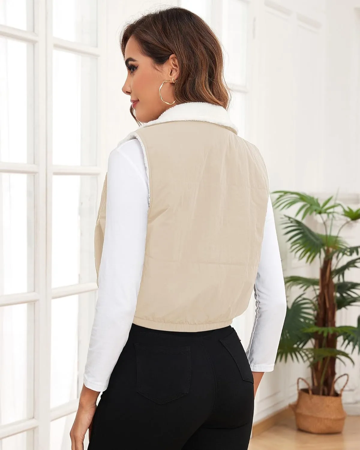 ZAFUL Women's 2024 Fleece Cropped Vest Sleeveless Zip Up Reversible Lightweight Jacket Sherpa Winter Puffer Coat Outerwear