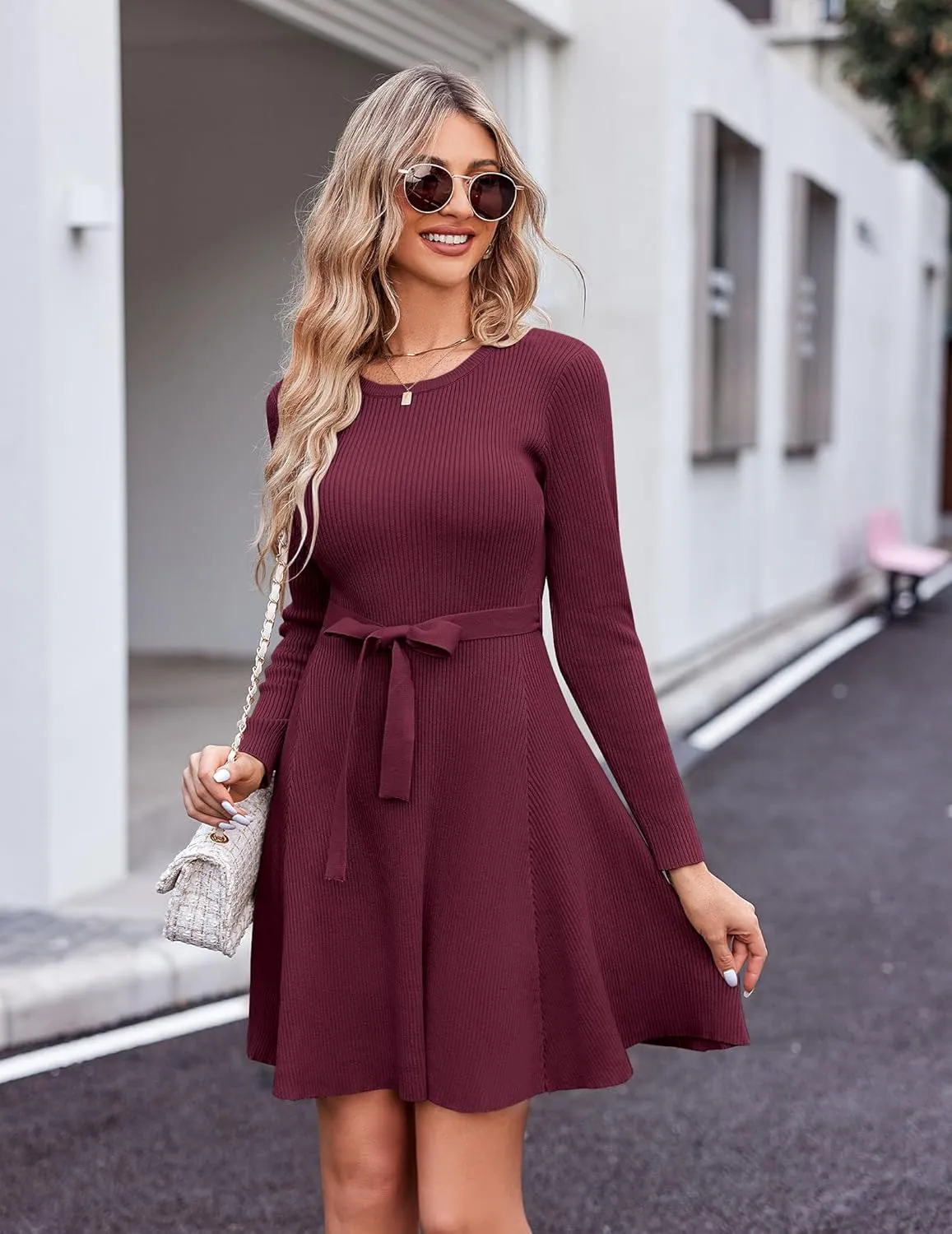 Zeagoo Women's 2024 Casual Dress Crewneck Tie Waist Fall Ribbed Dress with Belt Long Sleeve A Line Flowy Sweater Dress
