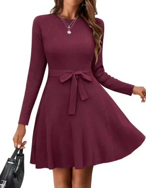 Zeagoo Women's 2024 Casual Dress Crewneck Tie Waist Fall Ribbed Dress with Belt Long Sleeve A Line Flowy Sweater Dress