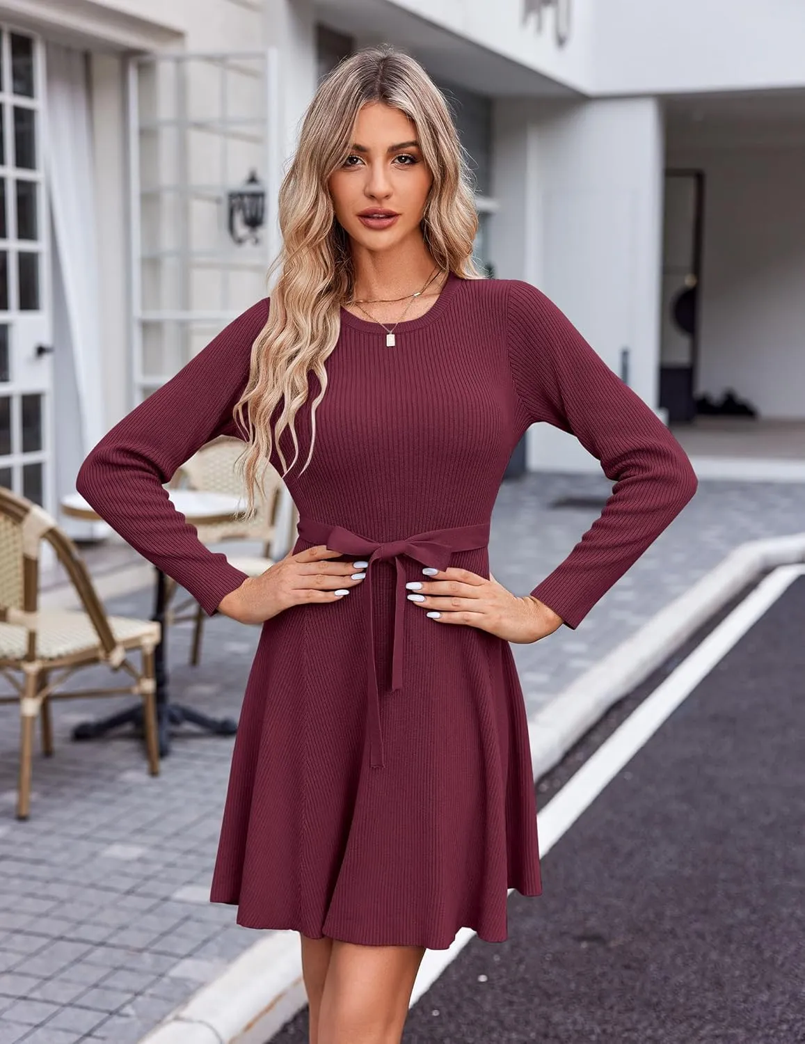 Zeagoo Women's 2024 Casual Dress Crewneck Tie Waist Fall Ribbed Dress with Belt Long Sleeve A Line Flowy Sweater Dress