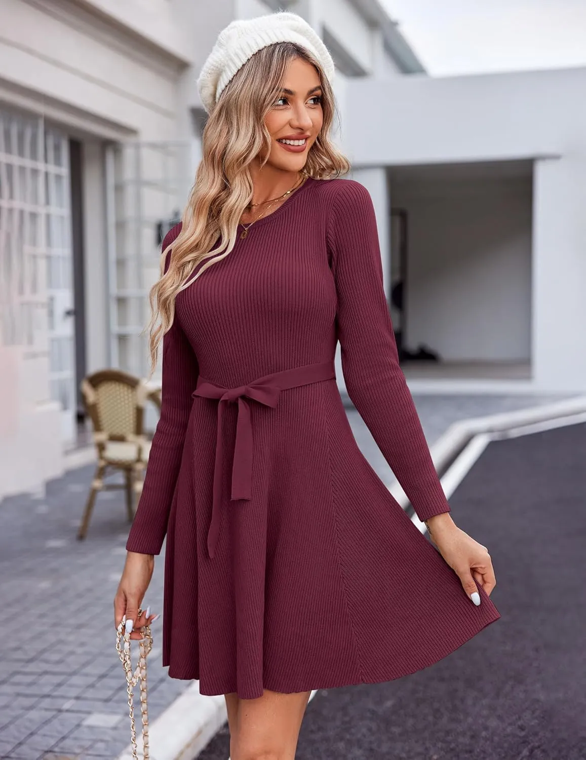 Zeagoo Women's 2024 Casual Dress Crewneck Tie Waist Fall Ribbed Dress with Belt Long Sleeve A Line Flowy Sweater Dress